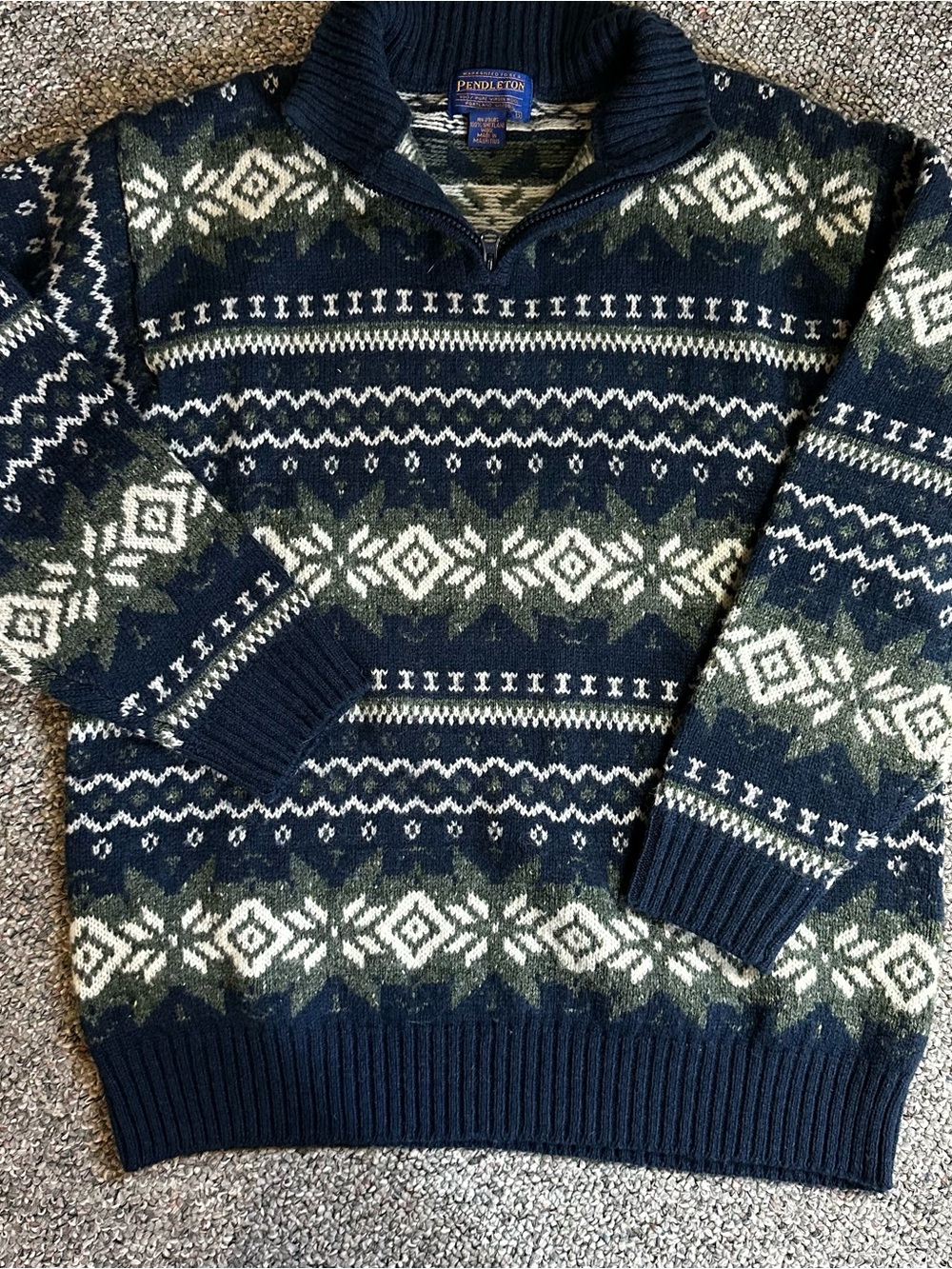 Pendleton Navy, Cream & Olive Fair Isle Zip Mock Neck Sweater
